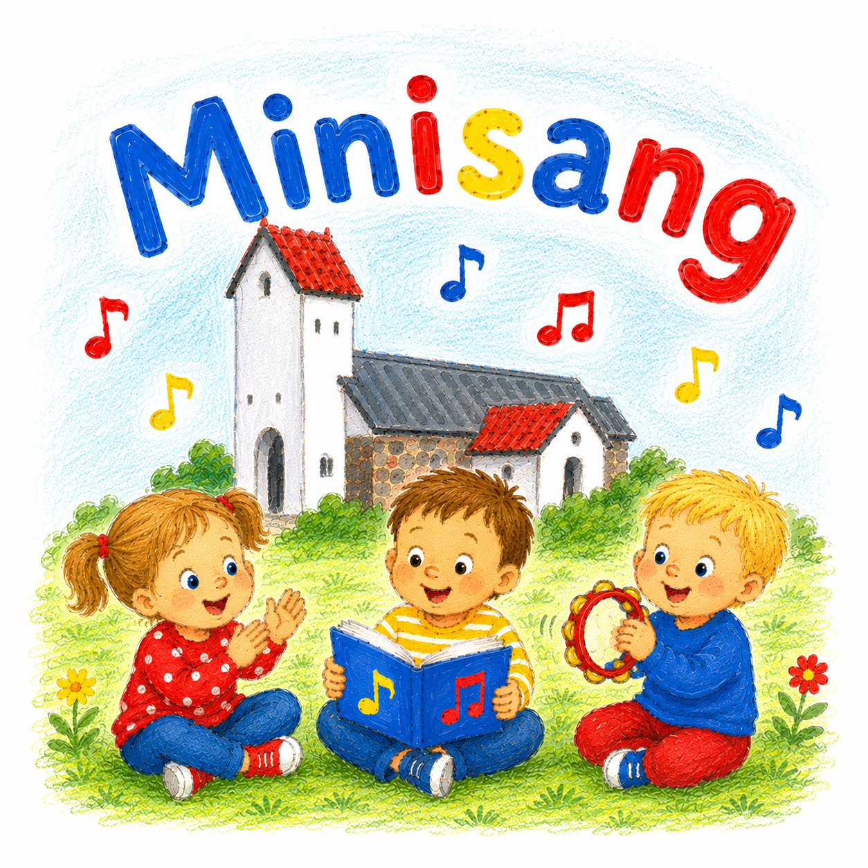 Bilede om Minisang, tegning af kirken og børn